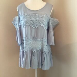 Women's Light Blue Lace Cold Shoulder Top